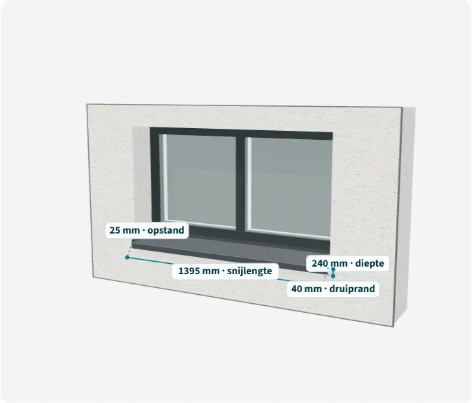 Aluminium vensterbank met kopschotten in een crepi-gevel, 3D-voorbeeld