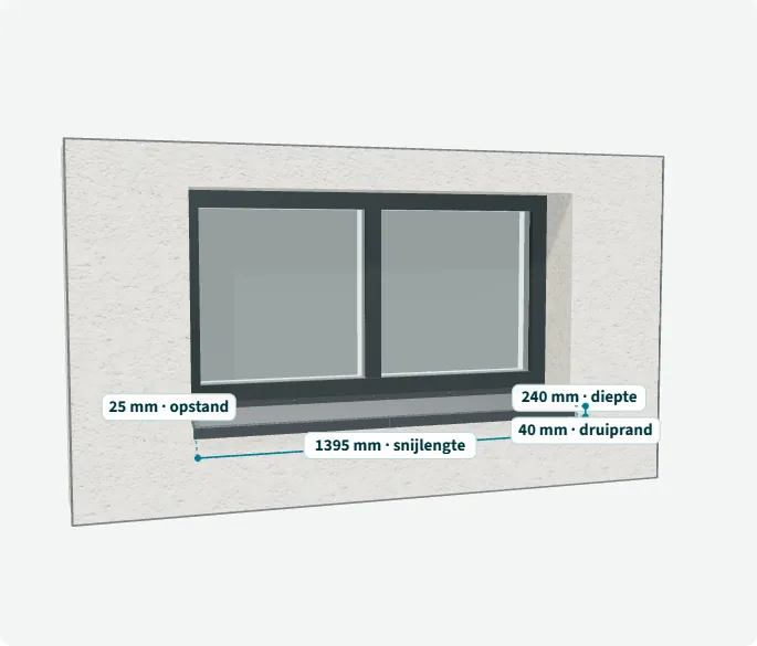 Aluminium vensterbank met kopschotten in een crepi-gevel, 3D-voorbeeld
